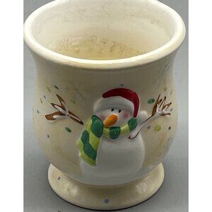Christmas candle white with snowman in hat and scarf red ceramic holder READ